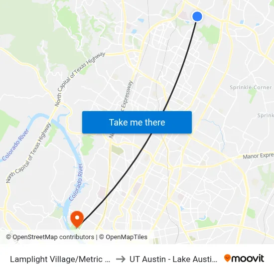 Lamplight Village/Metric NW Corner to UT Austin - Lake Austin Campus map