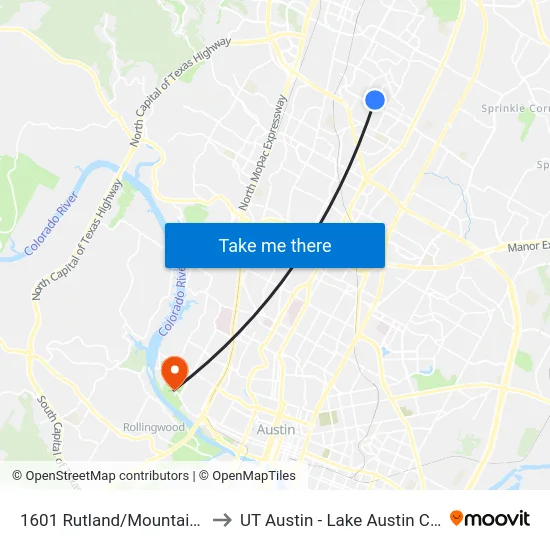1601 Rutland/Mountain Quail to UT Austin - Lake Austin Campus map