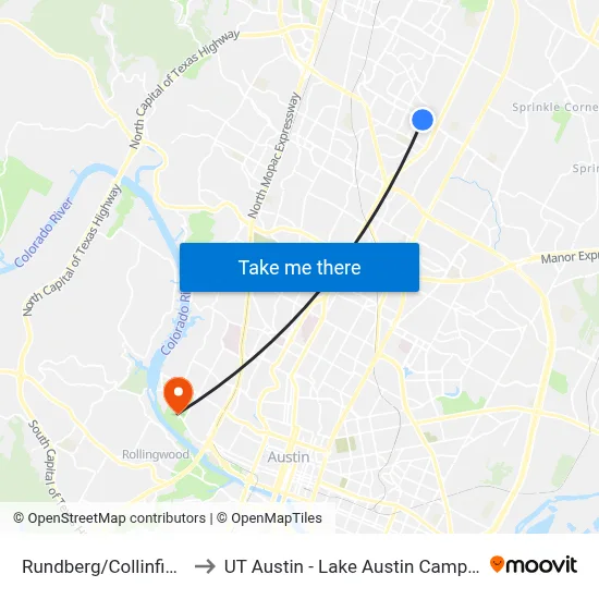 Rundberg/Collinfield to UT Austin - Lake Austin Campus map