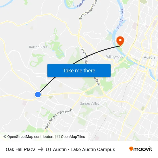 Oak Hill Plaza to UT Austin - Lake Austin Campus map