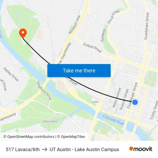 517 Lavaca/6th to UT Austin - Lake Austin Campus map