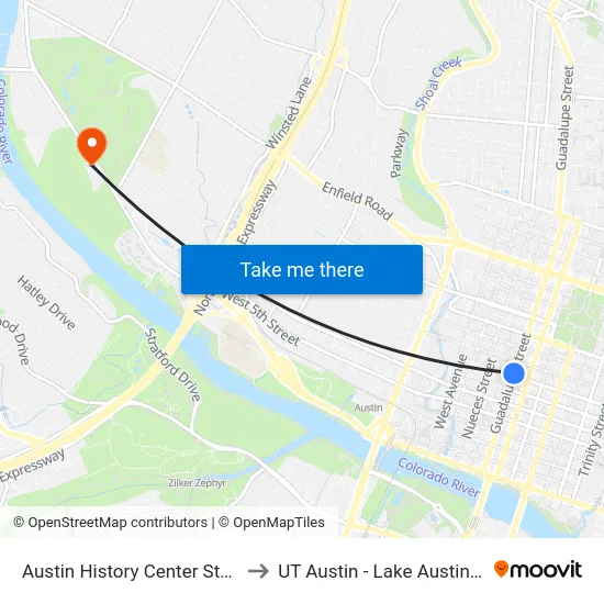 Austin History Center Station (Sb) to UT Austin - Lake Austin Campus map