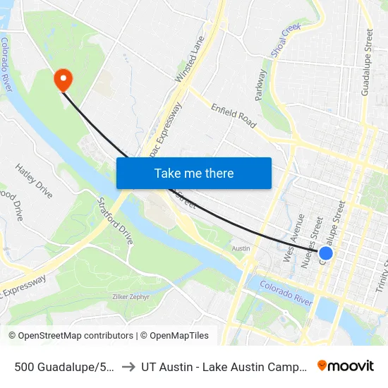 500 Guadalupe/5th to UT Austin - Lake Austin Campus map