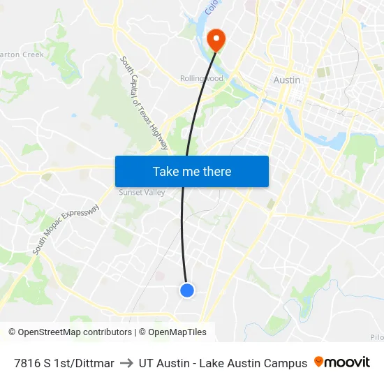 7816 S 1st/Dittmar to UT Austin - Lake Austin Campus map