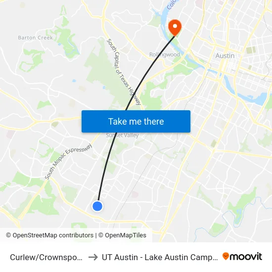 Curlew/Crownspoint to UT Austin - Lake Austin Campus map