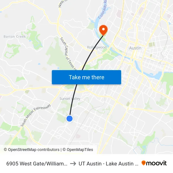 6905 West Gate/William Cannon to UT Austin - Lake Austin Campus map