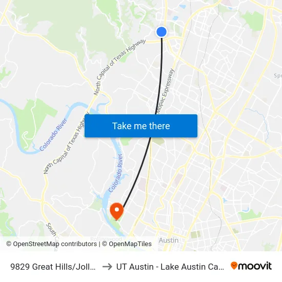 9829 Great Hills/Jollyville to UT Austin - Lake Austin Campus map