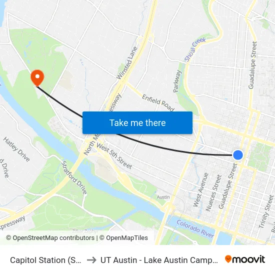 Capitol Station (Sb) to UT Austin - Lake Austin Campus map