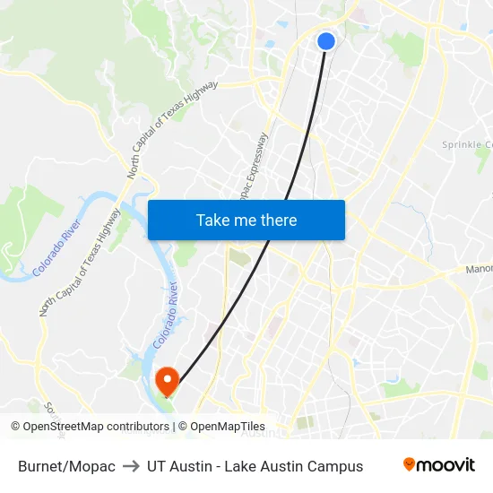 Burnet/Mopac to UT Austin - Lake Austin Campus map