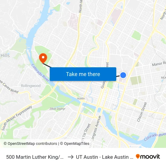 500 Martin Luther King/Red River to UT Austin - Lake Austin Campus map