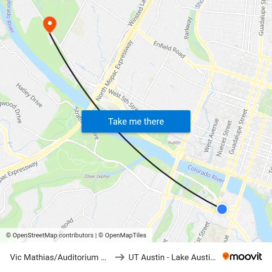 Vic Mathias/Auditorium Shores (Sb) to UT Austin - Lake Austin Campus map