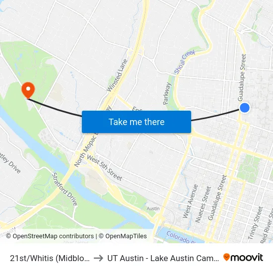 21st/Whitis (Midblock) to UT Austin - Lake Austin Campus map
