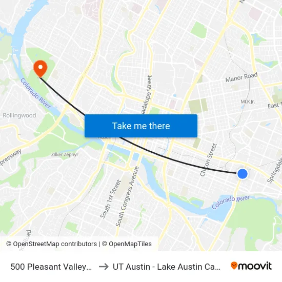 500 Pleasant Valley/5th to UT Austin - Lake Austin Campus map