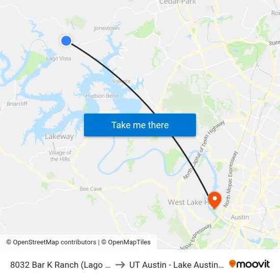 8032 Bar K Ranch (Lago Vista Hs) to UT Austin - Lake Austin Campus map