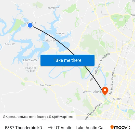 5887 Thunderbird/Dawn to UT Austin - Lake Austin Campus map