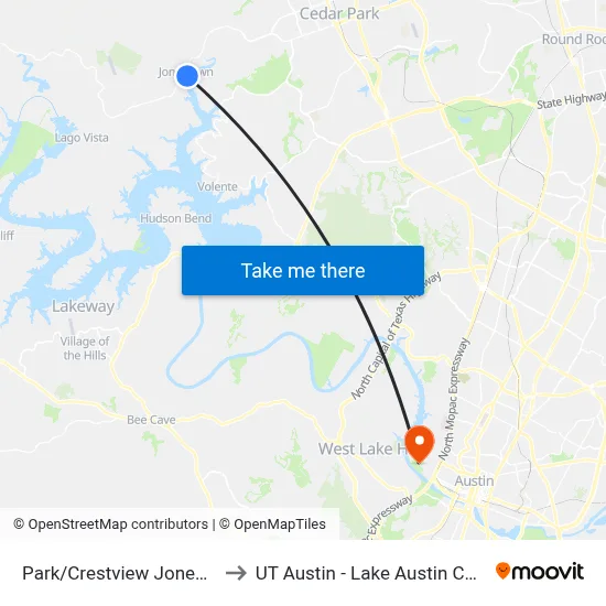 Park/Crestview Jonestown to UT Austin - Lake Austin Campus map