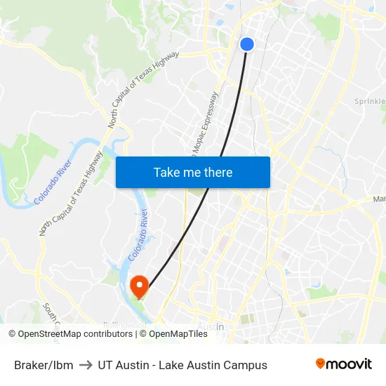 Braker/Ibm to UT Austin - Lake Austin Campus map
