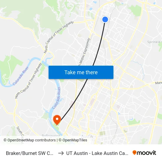 Braker/Burnet SW Corner to UT Austin - Lake Austin Campus map