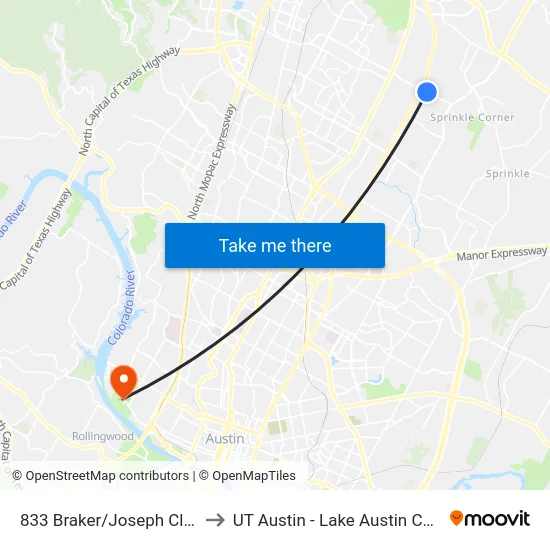 833 Braker/Joseph Clayton to UT Austin - Lake Austin Campus map