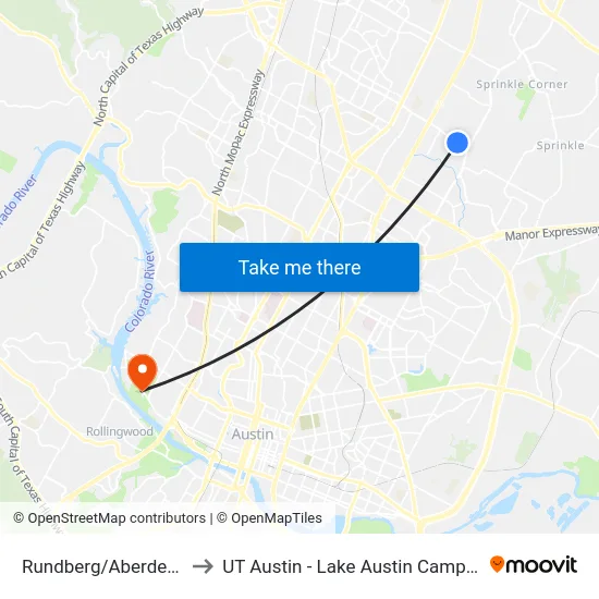 Rundberg/Aberdeen to UT Austin - Lake Austin Campus map