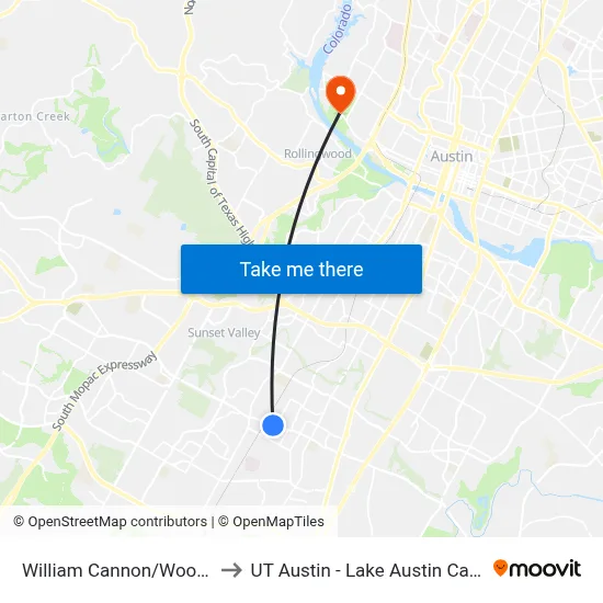 William Cannon/Woodhue to UT Austin - Lake Austin Campus map