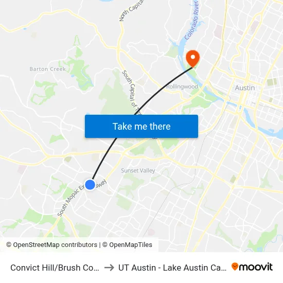 Convict Hill/Brush Country to UT Austin - Lake Austin Campus map