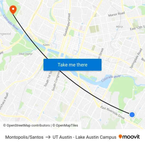 Montopolis/Santos to UT Austin - Lake Austin Campus map