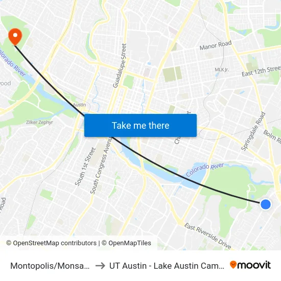 Montopolis/Monsanto to UT Austin - Lake Austin Campus map