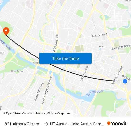 821 Airport/Glissman to UT Austin - Lake Austin Campus map