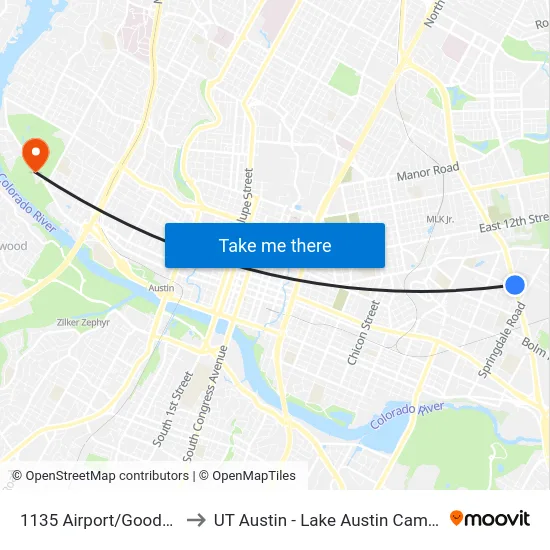 1135 Airport/Goodwin to UT Austin - Lake Austin Campus map