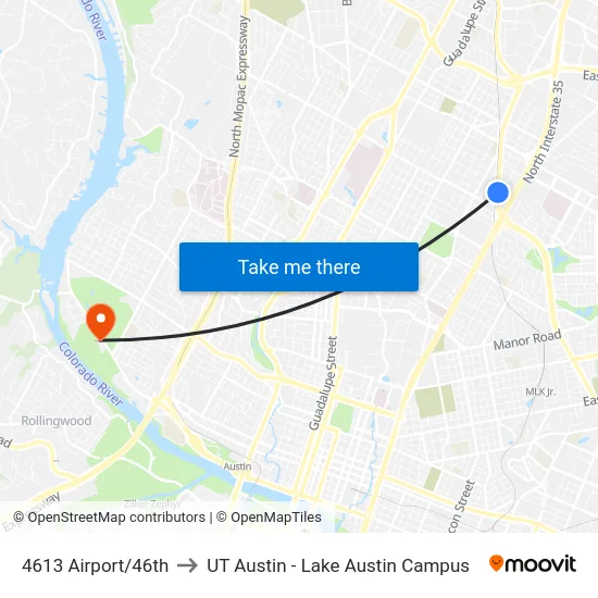 4613 Airport/46th to UT Austin - Lake Austin Campus map