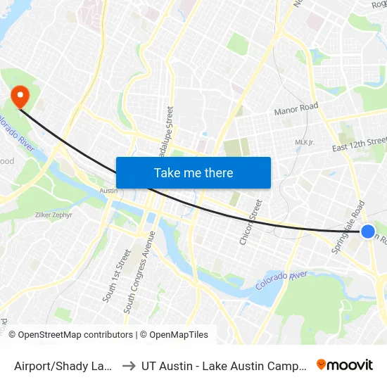 Airport/Shady Lane to UT Austin - Lake Austin Campus map