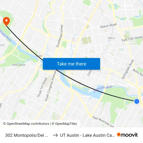 302 Montopolis/Del Monte to UT Austin - Lake Austin Campus map