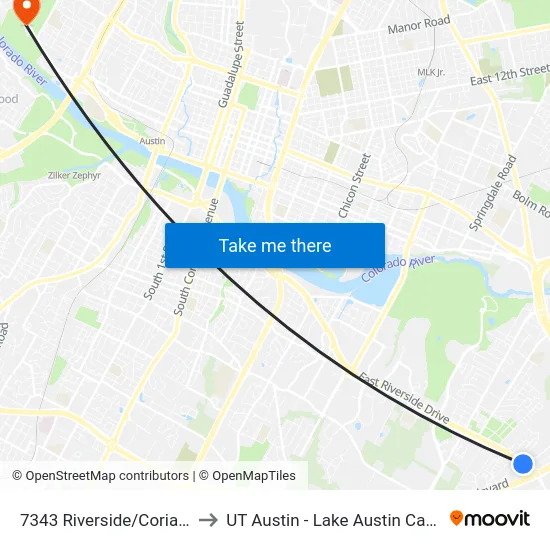 7343 Riverside/Coriander to UT Austin - Lake Austin Campus map