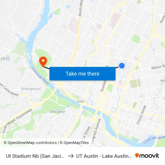 Ut Stadium Nb (San Jacinto/23rd) to UT Austin - Lake Austin Campus map