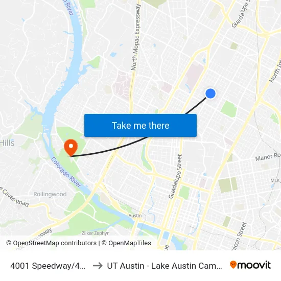 4001 Speedway/40th to UT Austin - Lake Austin Campus map