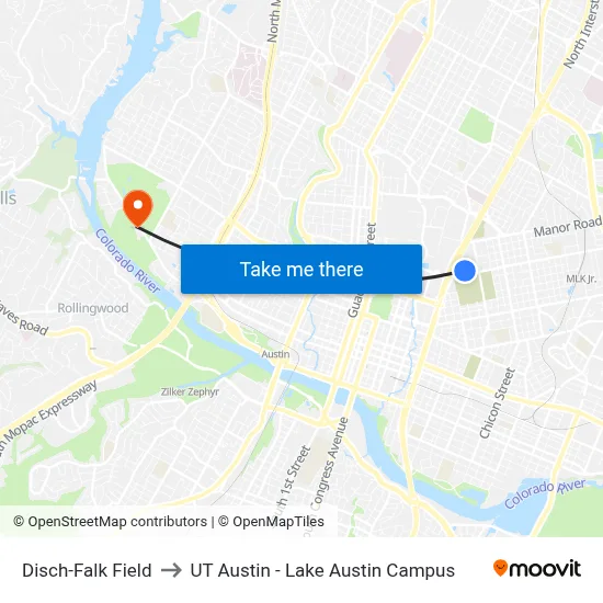 Disch-Falk Field to UT Austin - Lake Austin Campus map