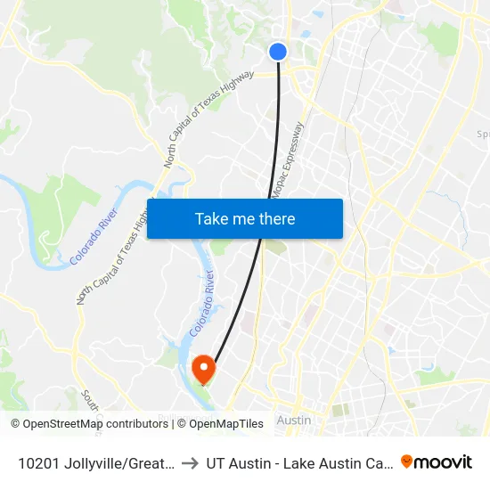 10201 Jollyville/Great Hills to UT Austin - Lake Austin Campus map