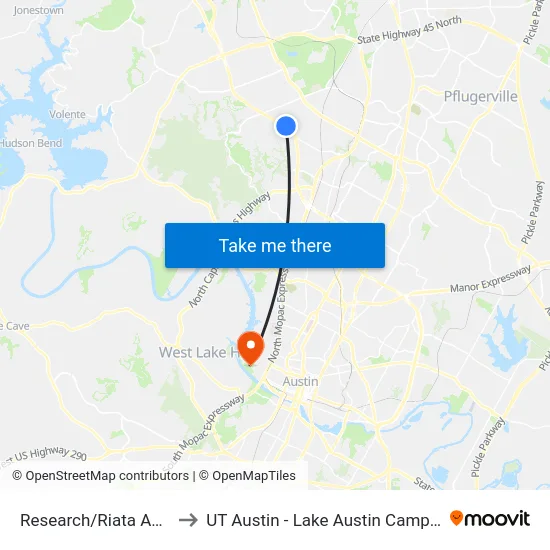 Research/Riata Apts to UT Austin - Lake Austin Campus map