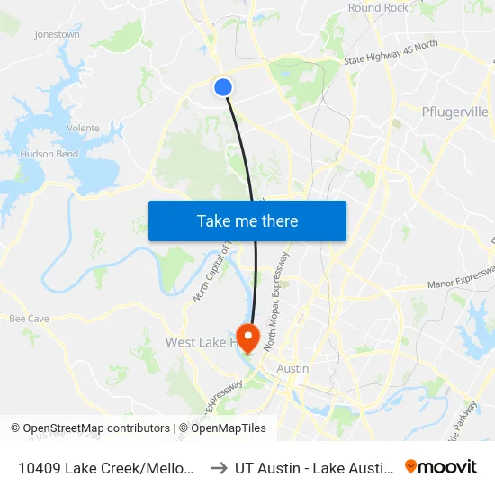10409 Lake Creek/Mellow Meadows to UT Austin - Lake Austin Campus map