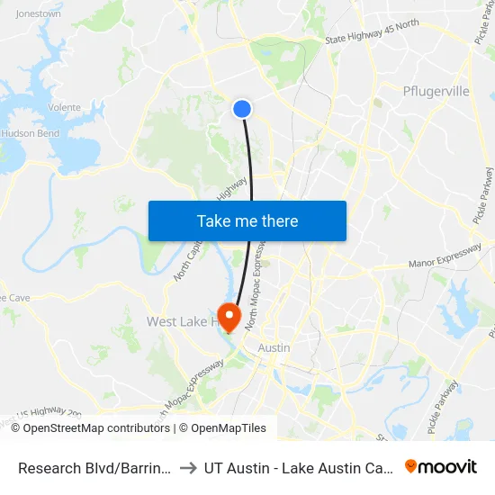Research Blvd/Barrington to UT Austin - Lake Austin Campus map