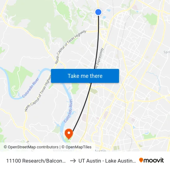 11100 Research/Balcones Woods to UT Austin - Lake Austin Campus map