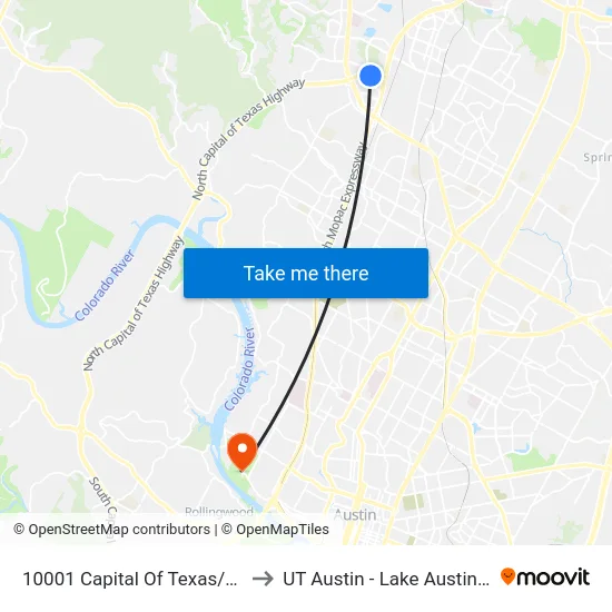 10001 Capital Of Texas/Stonelake to UT Austin - Lake Austin Campus map