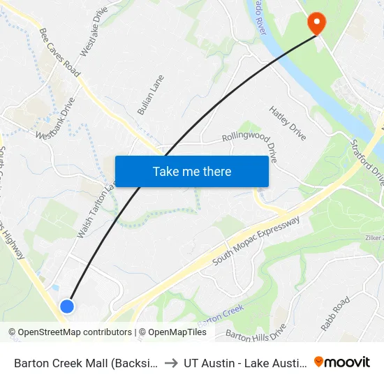Barton Creek Mall (Backside Of Mall ) to UT Austin - Lake Austin Campus map