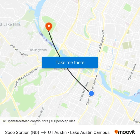Soco Station (Nb) to UT Austin - Lake Austin Campus map