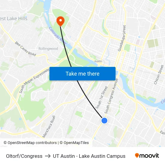 Oltorf/Congress to UT Austin - Lake Austin Campus map