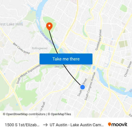 1500 S 1st/Elizabeth to UT Austin - Lake Austin Campus map