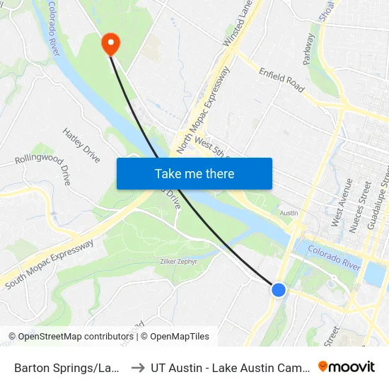 Barton Springs/Lamar to UT Austin - Lake Austin Campus map