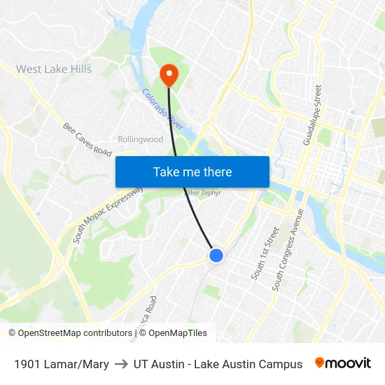 1901 Lamar/Mary to UT Austin - Lake Austin Campus map