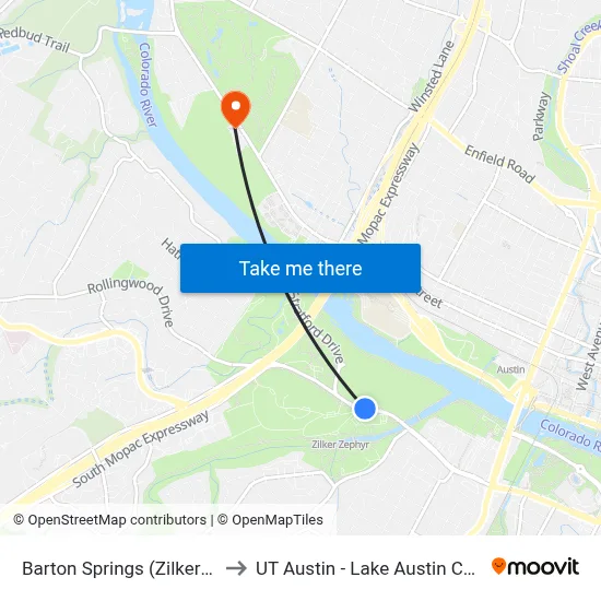 Barton Springs (Zilker Park) to UT Austin - Lake Austin Campus map